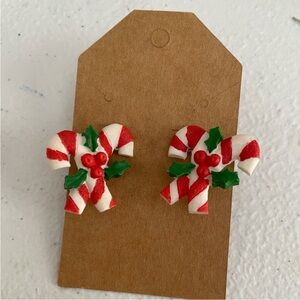 Festive‎ Candy Cane Earrings with Holly Accents